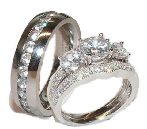 His & Hers 3 Piece Wedding Ring Set Sterling Silver & Stainless Steel - Edwin Earls Jewelry