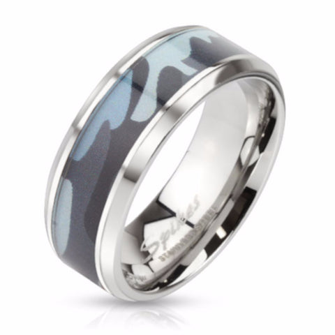 Men's  Blue Camouflage Stainless Steel Wedding Band - Edwin Earls Jewelry