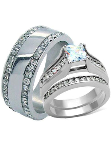 His and Hers Wedding Rings Princess Cut Cz Set Stainless Steel Eternity Band