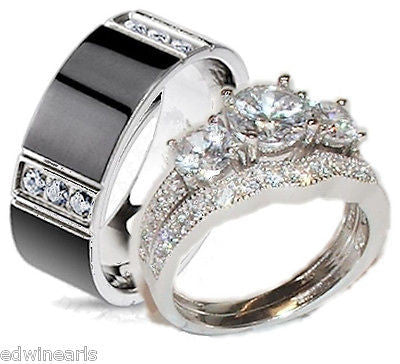 His Hers Cz Wedding Ring Set Sterling Silver & Titanium Wedding Rings - Edwin Earls Jewelry