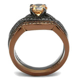His Her Round Cut Champagne CZ Black and Brown Plated Stainless Steel Wedding Ring Set