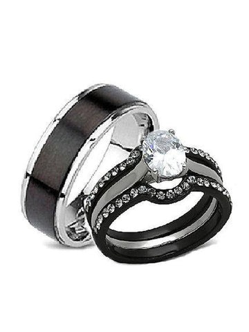 His Hers 4 Piece Black Stainless Steel Matching Wedding Band Ring Set - Edwin Earls Jewelry