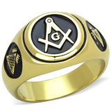 Men's Mason Masonic Freemason  Yellow Gold Plated Stainless Steel Ring with Black Epoxy Accents