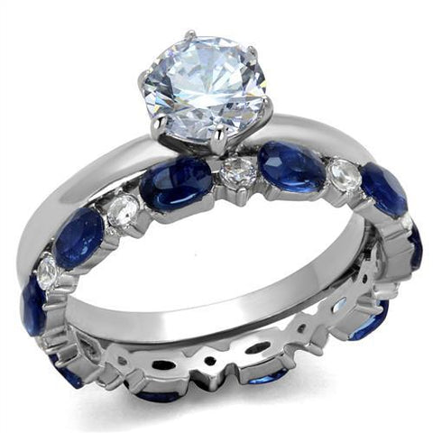 Women's 2 Piece Blue and Clear CZ Wedding Ring Set in Stainless Steel