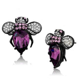 Purple Amethyst Crystal Bumble Bee Black Plated Stainless Steel Earrings