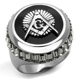 Men's Masonic Mason Lodge Ring in Stainless Steel with Black Emerald Cut Crystal Stones