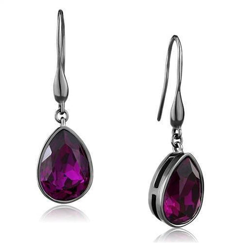 Women's Light Black Plated  Stainless Steel Dangle Earrings with Pear Shaped Fushia Crystal Stones