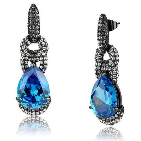 Blue Pear Shaped Crystal Stone Dangle Earrings Black IP Stainless Steel
