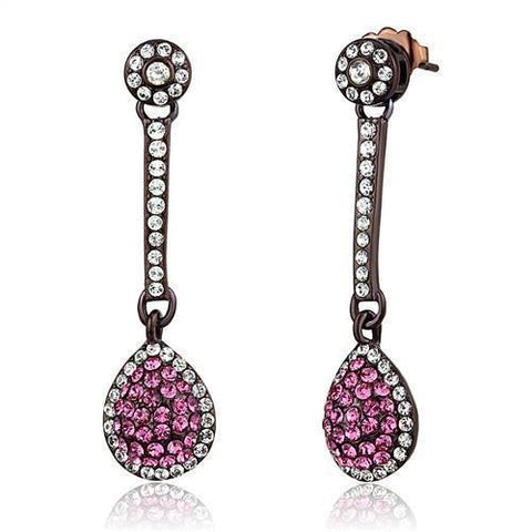 Women's Pink and Clear Crystal Dangle Earrings Brown Plated Stainless Steel