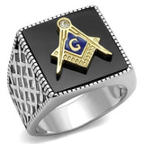 Men's Masonic Mason Lodge Stainless Steel Ring with Black Agate Stone