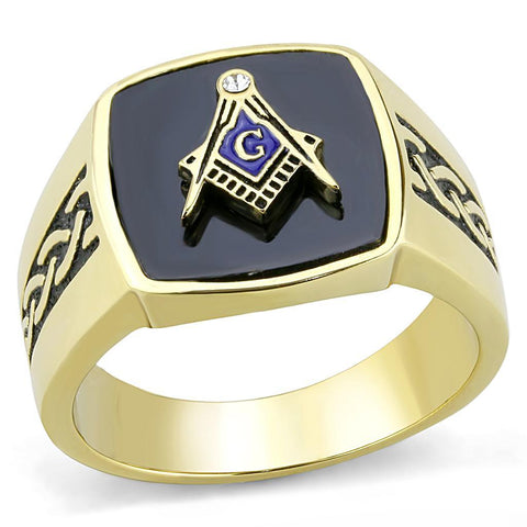 Men's Black Masonic Lodge FreeMason Ring in Yellow Gold Plated Stainless Steel