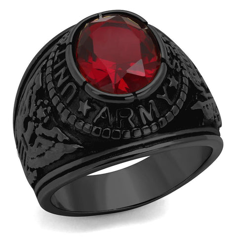 Men's United States Army Military Ring in Black Stainless Steel and a Red Stone