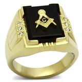 Men's Black Agate Masonic Lodge Freemason Ring Stainless Steel Yellow Gold Plated