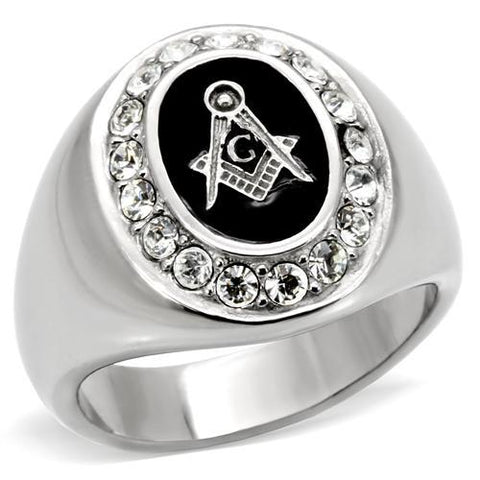 Mens Halo Masonic Lodge Mason's Ring in Stainless Steel with Crystal Accent Stones