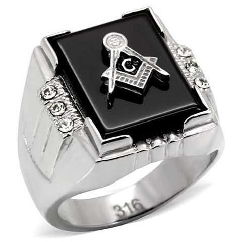 Men's Masonic Lodge Free Mason Ring Black Agate Stone and Stainless Steel