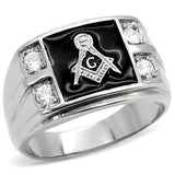 Mens Masonic Lodge Freemason Ring Black Agate Stone and Stainless Steel