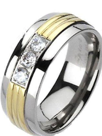 Men's Women's Solid Titanium Gold IP Grooved Center Triple CZ Band Ring 6-13 - Edwin Earls Jewelry